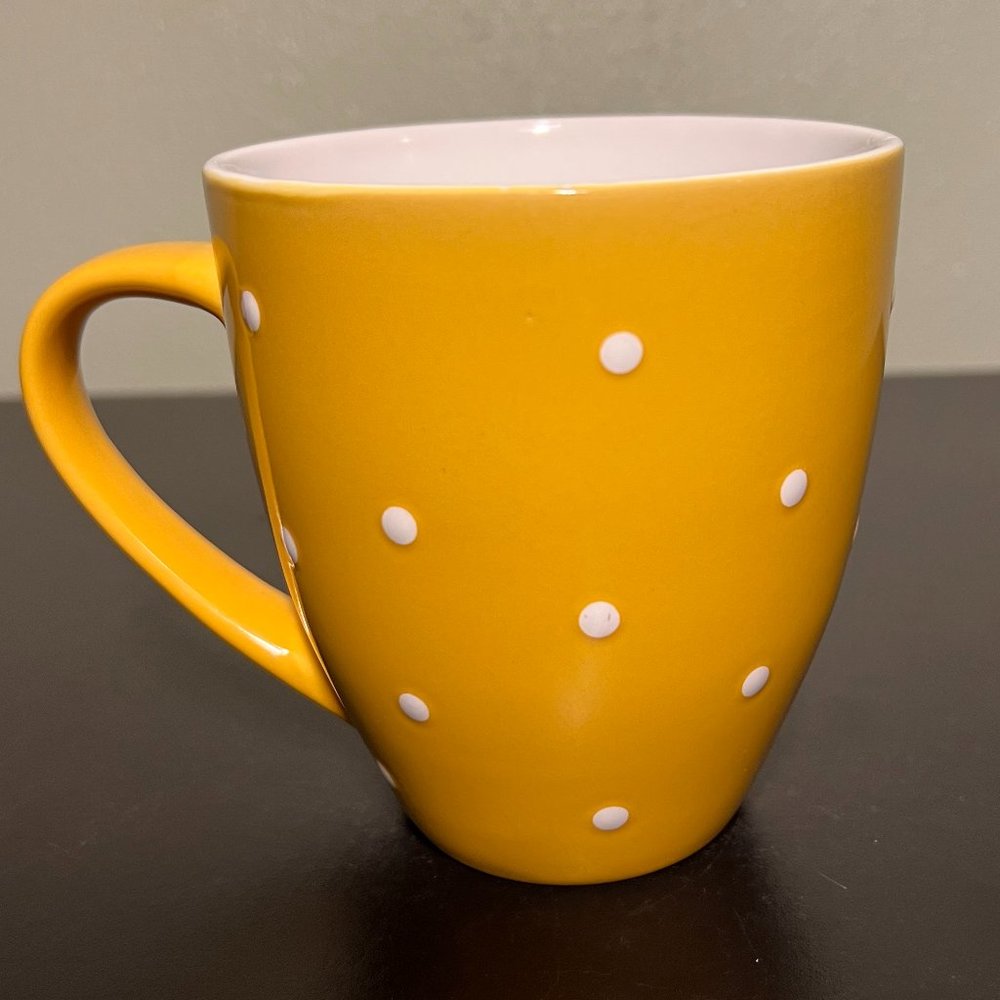 Set of 2 Blue Yellow Embossed White Polka Dot Ceramic Coffee Tea Cups Mugs - Picture 3 of 6